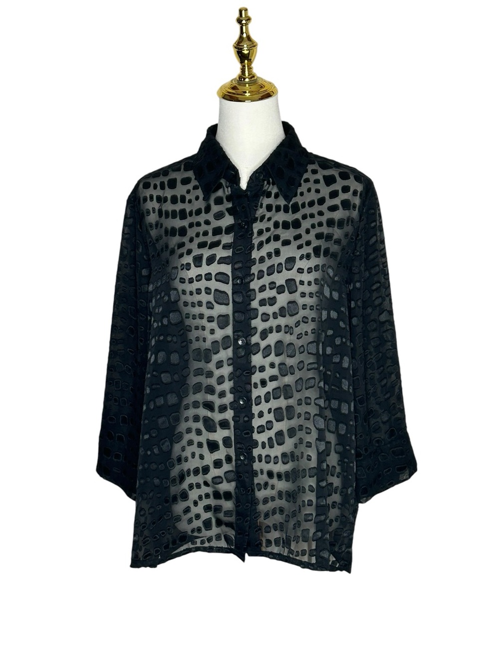 Alfred Dunner Black Sheer Burnout Whimsigoth Button-Down Shirt Sz 16P Witchy EUC